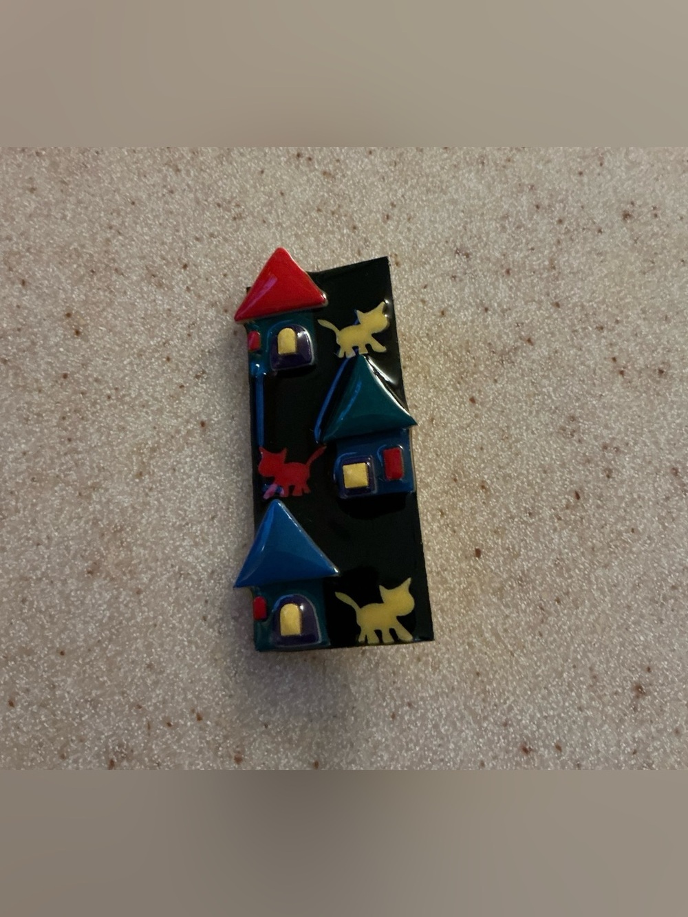 Colorful Cat & House Enamel Brooch in Black with Red, Blue & Yellow Accents